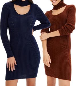 Robe mini en maille pour femme avec col roulé et détails découpés Robe à manches longues en marron acajou ou bleu foncé