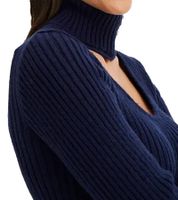 Mini abito in maglia da donna con collo alto e dettagli cut-out. Abito a maniche lunghe in marrone mogano o blu scuro.