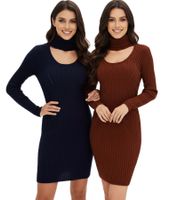 Mini abito in maglia da donna con collo alto e dettagli cut-out. Abito a maniche lunghe in marrone mogano o blu scuro.