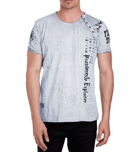 T-shirt da uomo con stampa teschio rocker, in cotone, girocollo, modello R-15191-1, grigio