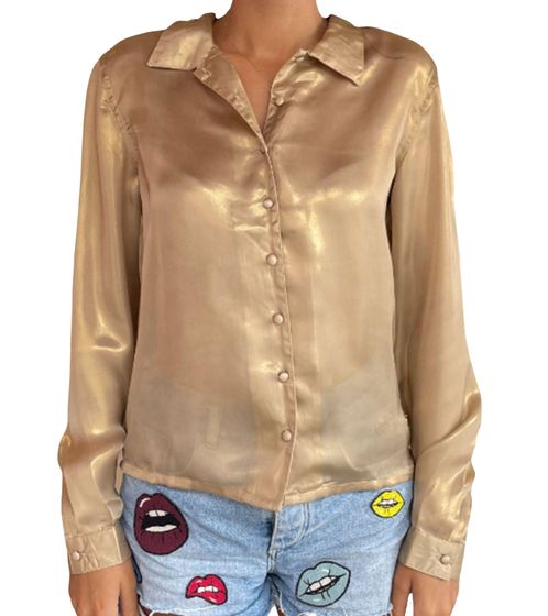 Chemisier femme Les Tropéziennes Cali, chemisier à manches longues avec tissu scintillant, chemisier transparent, haut d'été, 232-0069 D, beige