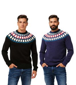 Men's Knitted Sweater with Geometric Pattern, Casual Sweater in Black or Blue Men's Knitted Sweater with Geometric Pattern, Casual Sweater in Black or Blue