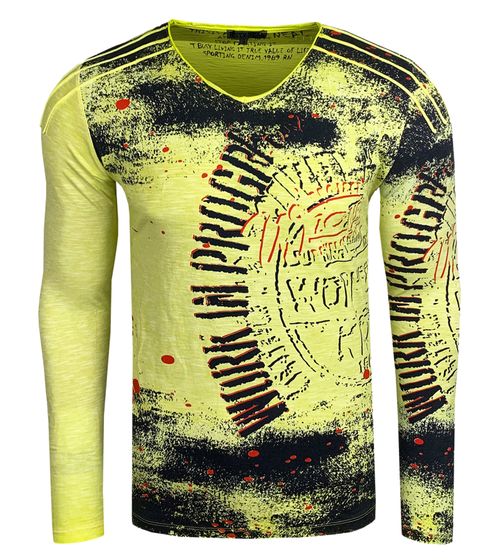 Men's Long-Sleeve Shirt with a Distinctive All-Over Print, Long-Sleeved Shirt in a Washed Look, R-10109 Neon Yellow