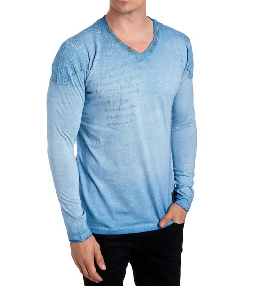 Herren Longsleeve mit Schriftzug Baumwoll-Langarm-Shirt Sommer-Pullover mit V-Ausschnitt Freizeit-Shirt R-10117 Hell-Blau