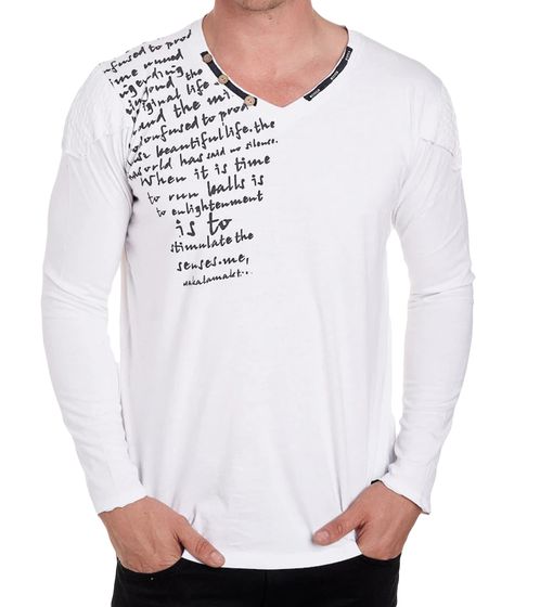 Herren Longsleeve mit Schriftzug Baumwoll-Langarm-Shirt Sommer-Pullover mit V-Ausschnitt Freizeit-Shirt R-10117 Weiß