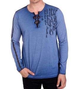 Chemise homme à manches longues avec inscription, Pull décontracté d'été en coton à manches longues et col en V R-10115 Bleu foncé