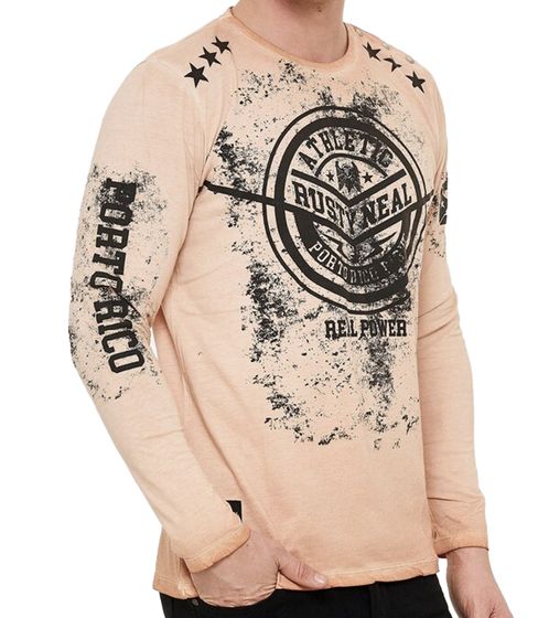 Men's Vintage-Style Long-Sleeve Shirt, Round-Neck Cotton Shirt, R-10151, Camel Brown
