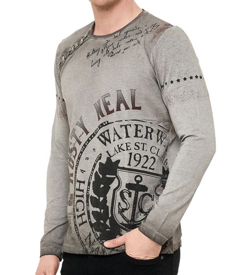 Herren Longsleeve im Vintage-Stil Langarm-Shirt Rundhals Baumwoll-Shirt R-10145 Grau