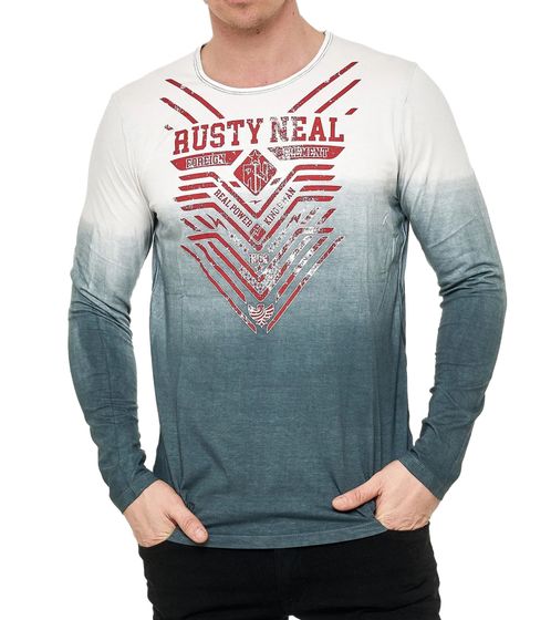 Herren Longsleeve Langarm-Shirt mit symmetrischem Druck Rundhals Baumwoll-Shirt R-10148 Grau/Weiß