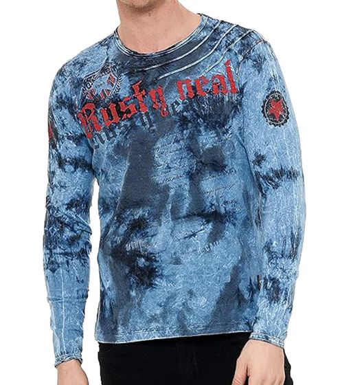 Men's Batik-Style Long-Sleeve Shirt with Lettering, Long-Sleeved Shirt, Summer Sweater, Casual Shirt R-10155, Indigo Blue