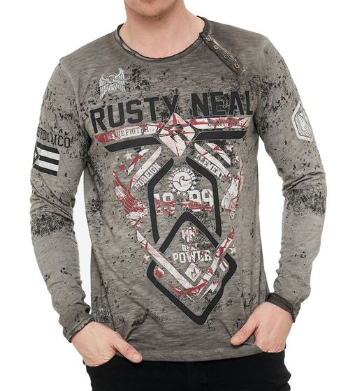 Herren Longsleeve mit Fighter-Print Baumwoll-Langarm-Shirt Sommer-Pullover Freizeit-Shirt R-10150 Grau