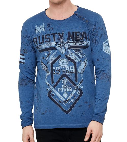 Herren Longsleeve mit Fighter-Print Baumwoll-Langarm-Shirt Sommer-Pullover Freizeit-Shirt R-10150 Blau