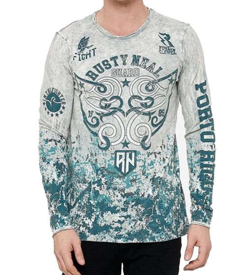 Herren Longsleeve mit Allover-Tribal-Print Baumwoll-Langarm-Shirt Sommer-Pullover Freizeit-Shirt R-10152 Hellgrau