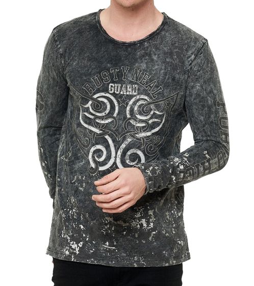 Herren Longsleeve mit Allover-Tribal-Print Baumwoll-Langarm-Shirt Sommer-Pullover Freizeit-Shirt R-10152 Dunkelgrau