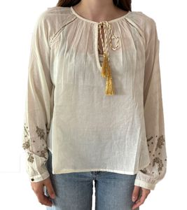 Les Tropeziennes Damen Bluse Langarm-Bluse mit Perlen-Stickerei Sommer-Oberteil Freizeit-Bluse 232-0073 A Beige