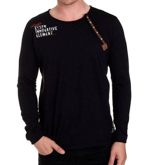 Herren Longsleeve mit kleinem Schriftzug-Print Baumwoll-Langarm-Shirt Sommer-Pullover Freizeit-Shirt R-10120 Schwarz