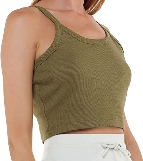 YOU DO YOU Damen Crop-Top geripptes Fitness-Top Baumwoll-Shirt Tanktop Yoga-Mode 905101 Khaki