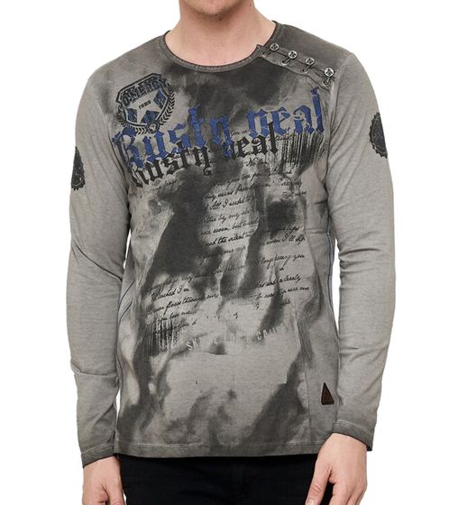 Herren Longsleeve mit großem Schriftzug Baumwoll-Langarm-Shirt Sommer-Pullover Freizeit-Shirt R-10155 Dunkelgrau