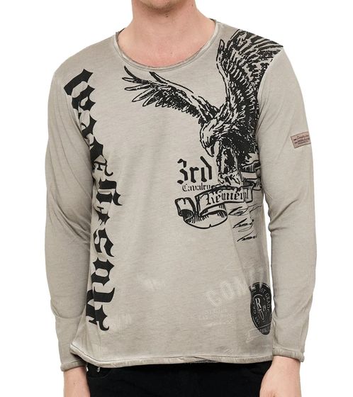 Herren Longsleeve Langarm-Shirt mit Adler-Druck Rundhals Baumwoll-Shirt R-10147 Beige