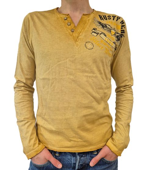 Herren Longsleeve im Vintage-Stil Commander Print Langarm-Shirt Rundhals Baumwoll-Shirt R-15046 Camel-Braun