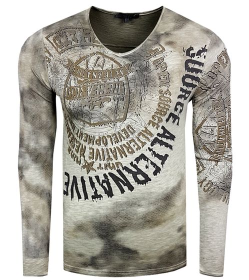Herren Longsleeve mit großem Schriftzug und Print Baumwoll-Langarm-Shirt Sommer-Pullover Freizeit-Shirt R-10135 Khaki