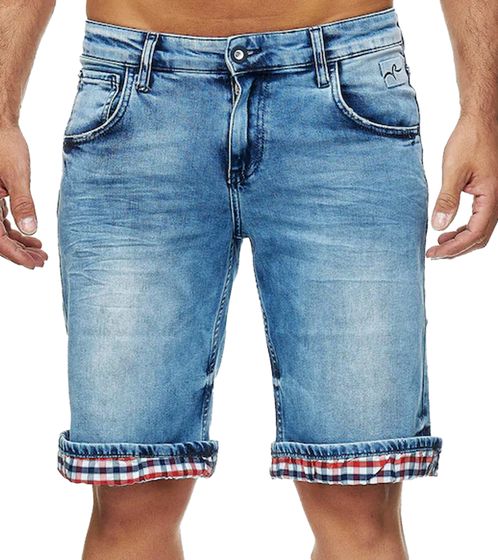 Men's Denim Shorts: Cotton Bermuda Shorts with Check Details R-13621 Blue
