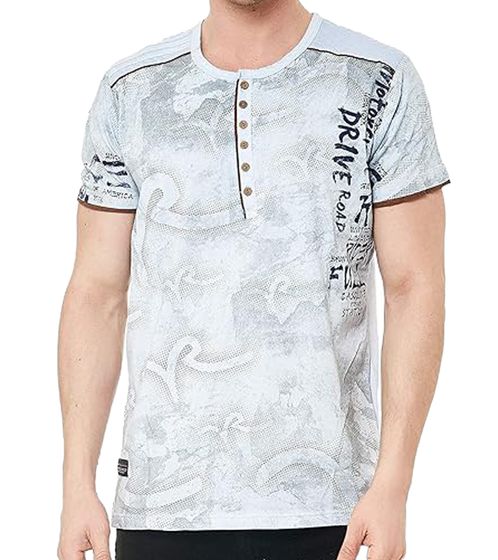 Men's T-Shirt with Urban Print, Cotton Top, Summer Round Neck Shirt with Button Placket R-15246, Light Gray