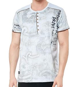 T-shirt da uomo con stampa urbana, maglietta estiva in cotone con scollo tondo e abbottonatura R-15246 grigio chiaro