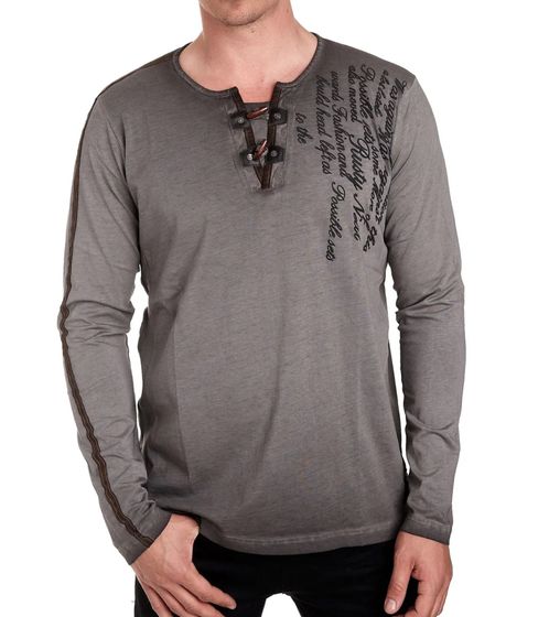 Herren Langarm-Shirt mit Schriftzug Sommer-Baumwoll-Longsleeve mit V-Ausschnitt Freizeit-Pullover R-10115 Dunkelgrau