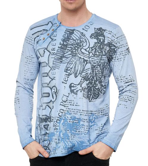 Men's Long-Sleeve Shirt with Urban Motif Print, Long-Sleeved Shirt with Button-Down Neckline, R-10141 Blue