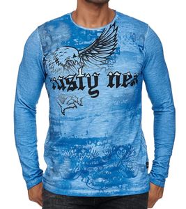 Chemise à manches longues pour homme avec imprimé aigle, pull de loisirs à manches longues en coton d'été R-10143 Bleu Chemise à manches longues pour homme avec imprimé aigle, pull de loisirs à manches longues en coton d'été R-10143 Bleu