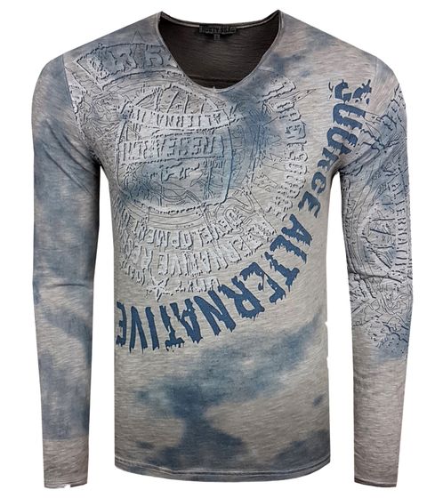 Herren Longsleeve mit großem Schriftzug und Print Baumwoll-Langarm-Shirt Sommer-Pullover Freizeit-Shirt R-10135 Grau
