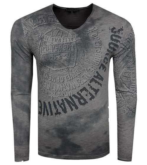 Herren Longsleeve mit großem Schriftzug und Print Baumwoll-Langarm-Shirt Sommer-Pullover Freizeit-Shirt R-10135 Grau