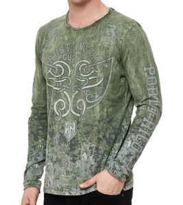 Men's Long-Sleeve Shirt with All-Over Tribal Print, Cotton Long-Sleeve Shirt, Summer Pullover, Casual Shirt R-10152 Khaki