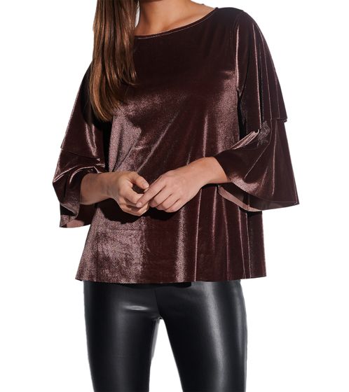 vestino Damen weiches Samt-Shirt mit verspielten Volant-Ärmeln Freizeit-Shirt 901389 Braun