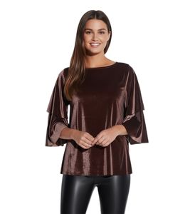 Camisa de mujer Vestino de terciopelo suave con divertidas mangas con volantes, camisa informal 901389 marron