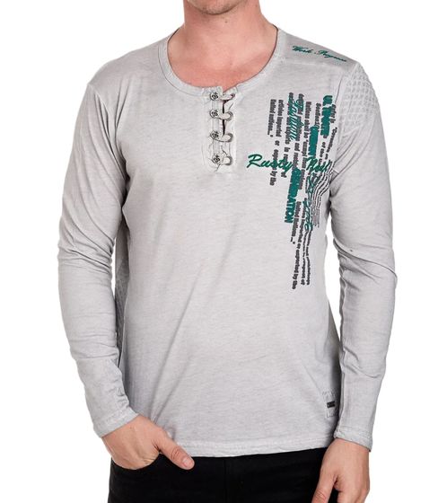 Herren Langarm-Shirt mit schlichten Print und Knopfleiste Sommer-Baumwoll-Longsleeve Freizeit-Pullover R-10139 Grau