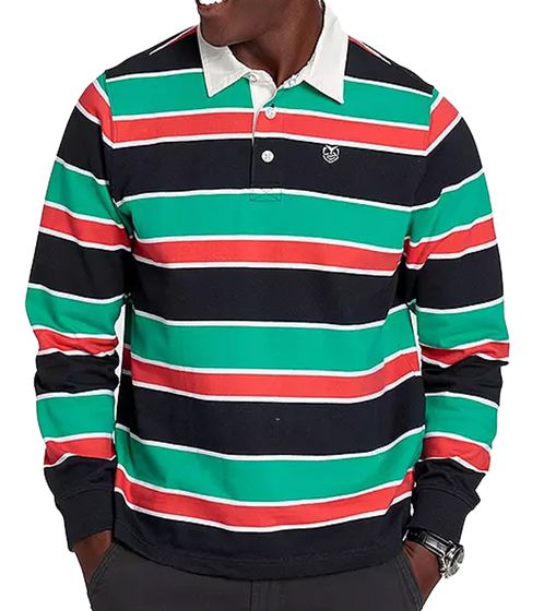 DELMAO Herren Sweater gestreiftes Colour-Blocking Sweatshirt mit Hemdkragen Baumwoll-Shirt 79521635 Blau/Grün/Weiß/Rot