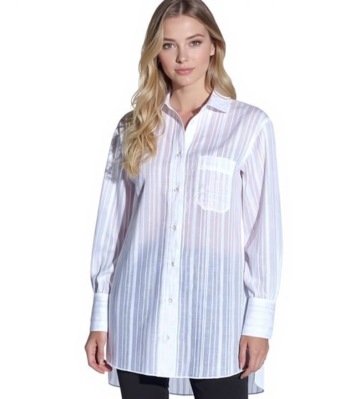 vestino Women's Oversized Boyfriend Blouse, Transparent with Textured Stripes, Summer Blouse 900600 White