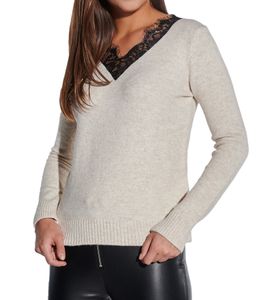 vestino Women's Knit Sweater with Lace Insert, Everyday Sweater, 901328 Beige
