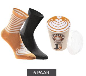 6 Paar TASTIQ Baumwoll-Socken mit Latte Macchiato-Print lange Strümpfe in stylischer Kaffeebecher-Geschenkbox TAS/1/CSX2/LAT Braun/Schwarz