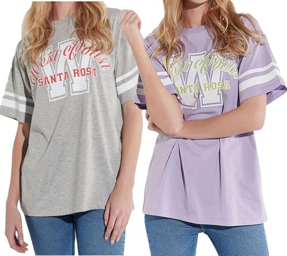 COURSE Women's Oversized T-Shirt, Short-Sleeved Shirt with College Print "West Coast Santa Rosa" Cotton Shirt, Purple or Light Gray Melange
