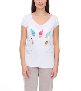 vestino Women's Short-Sleeve T-Shirt with Feather Print, Summer Shirt 900548 White