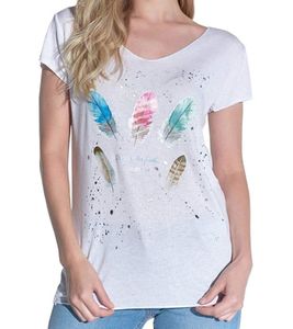 vestino Women's Short-Sleeve T-Shirt with Feather Print, Summer Shirt 900548 White