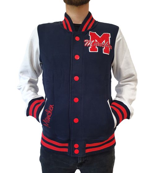 ROBIN RUTH Munich Men's College Jacket with Lettering, Spring Jacket with Embroidery, Transition Jacket, Sweat Jacket FMCN-H Navy/Red