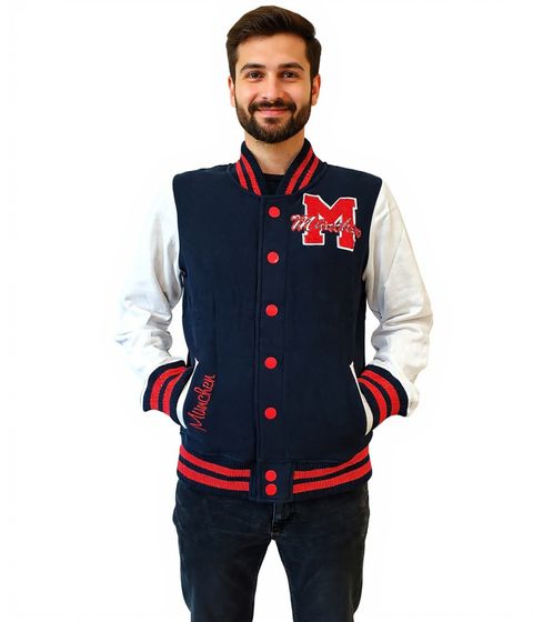 Giacca da college da uomo ROBIN RUTH Munich con scritta, giacca primaverile con ricamo, giacca da mezza stagione, felpa FMCN-H blu navy/rosso