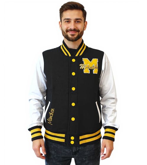 Giacca da college da uomo ROBIN RUTH Munich con scritta, giacca primaverile con ricamo, giacca da mezza stagione, felpa FMCN-B nera/gialla