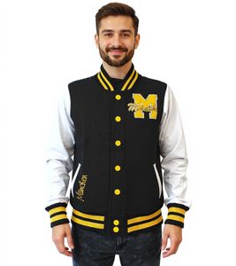 Giacca da college da uomo ROBIN RUTH Munich con scritta, giacca primaverile con ricamo, giacca da mezza stagione, felpa FMCN-B nera/gialla