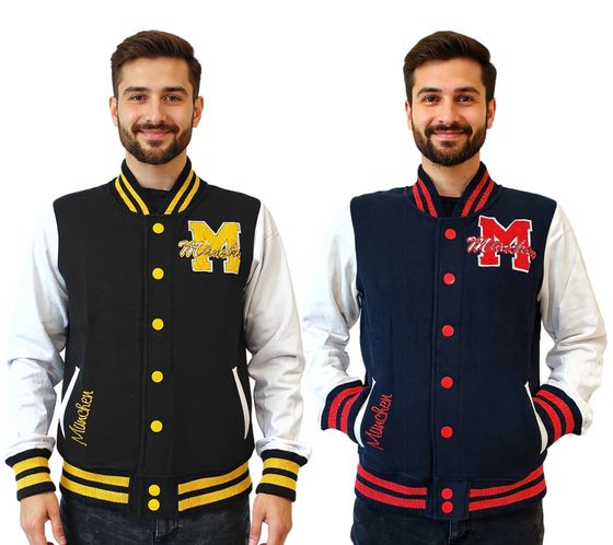 Giacca da college da uomo ROBIN RUTH Munich con scritta, giacca primaverile con ricamo, giacca da mezza stagione, felpa blu navy/rosso o nero/giallo