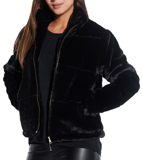 vestino Damen Kunstfell-Jacke mit Reißverschluss und Stehkragen Frühlings-Jacke 900710 Schwarz